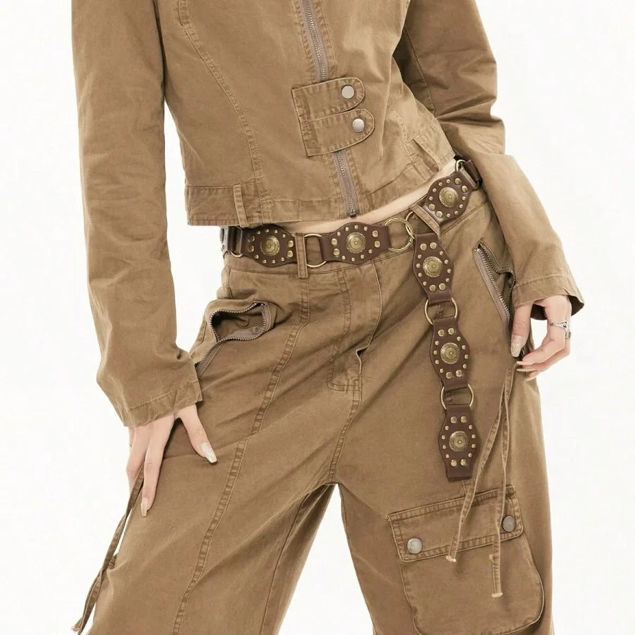 1件装铆钉装饰腰带，复古拼接独特Y2K风格皮革腰带，百搭西部风情，大码可选