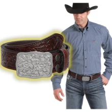 1件男/女咖啡色西部花卉雕刻皮帶，復古壓花款式，適用於日常波西米亞風格裝扮的牛仔和牛女 - 咖色 - 查看 7