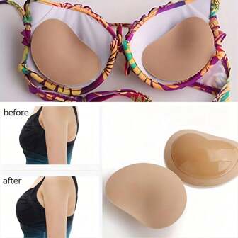 1對黏貼式胸墊,硅膠膠粘胸貼,防水墊具提拉塑形效果,適用於女性運動泳衣、比基尼、連衣裙、泳裝,米色和黑色。
