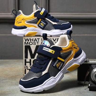 1雙兒童顏色拼接透氣輕量針織Pu扁鞋，全季運動休閒鞋