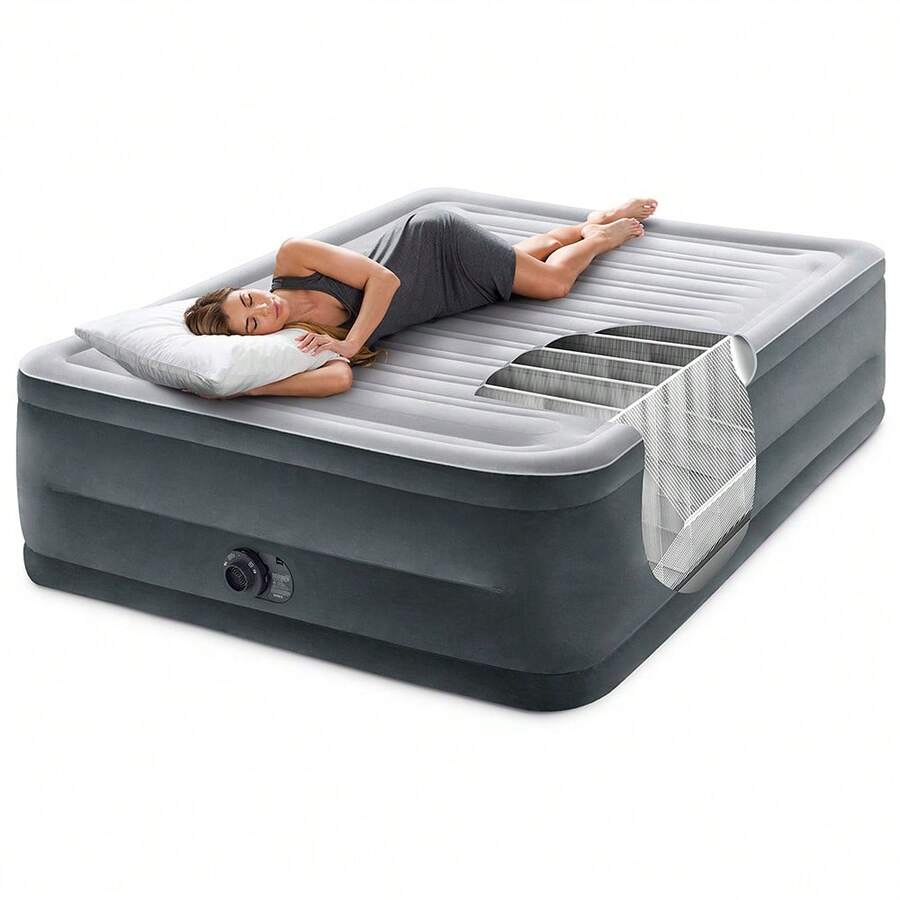 Dura-Beam Deluxe Comfort-Plush Luxury Air Mattress: Fiber-Tech Construction – Built-In Electric Pump – Dual-Layer Comfort Top – Velvety Sleeping Surface – Carry Bag Included - 灰色 - 查看 1