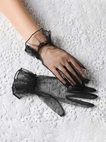 1 双婚礼新娘礼服晚礼服手套透明网眼短款蕾丝五指手套，带有优雅的褶边细节，可用作婚礼仪式和摄影道具的短手套 - 彩色 - 查看 14