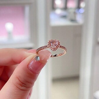 1pc Fashionable Novelty Jewelry Ring With Heart Shaped Pink Gemstone, Suitable For Women's Daily Wearing As Finger Ornament Valentines,Mom,Mother,Mother's Day,Gift