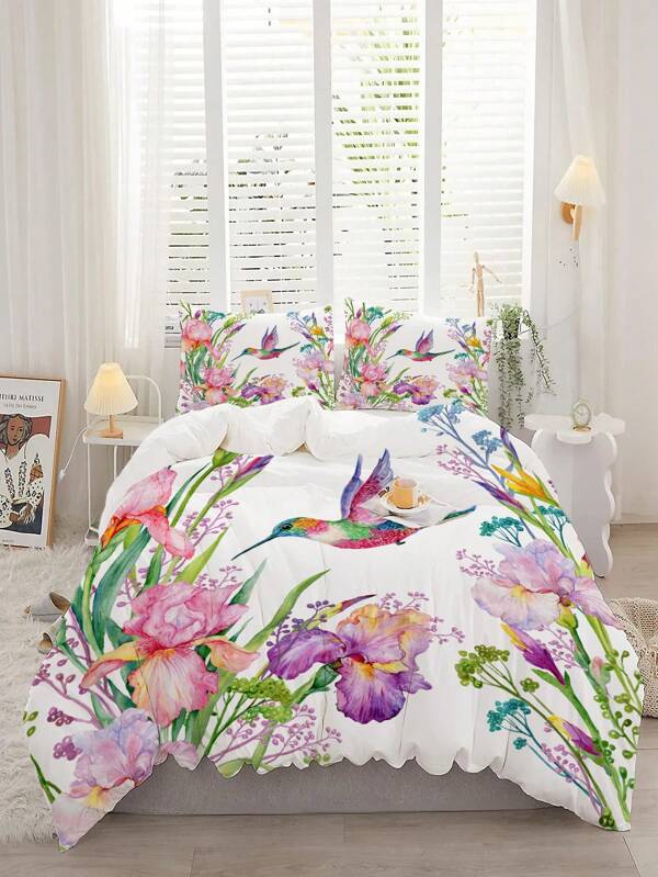 Jogo De Capa De Edredom Impresso De 3 Peças Com Flores E Pássaros Botânicos Vibrantes - Perfeito Para Decoração De Quarto De Dormitório E Quarto (1 * Capa De Edredom + 2 * Fronhas, Sem Núcleo)