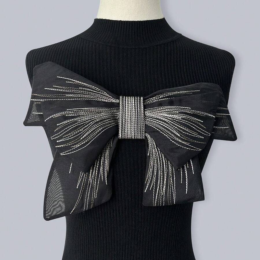 1pc Black & White Embroidered Bowknot Decorative Patch Sticker - Black - View 1