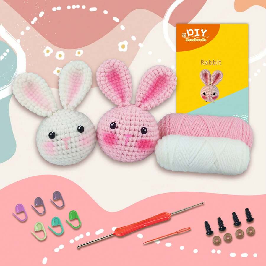 2 Piezas/set Kit De Material De Crochet Amigurumi Para Muñeco De Felpa De Conejo Diy, Incluye Juego Completo De Materiales, Tutorial De Video Paso A Paso En Inglés, Instrucciones En Inglés, Gancho De Crochet, Alfileres Marcadores, Aguja De Coser, Etc. (colores Aleatorios Para Accesorios De Herramientas) - Multicolor - Ver 1