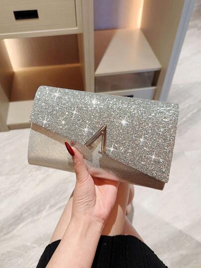1入鑲金屬飾邊閃亮晚宴手提包，信封式設計，適用於舞會、婚禮、夜晚、正式場合、鏈式肩背包或手提包，為派對、婚禮、舞會、晚餐/宴會帶來完美的裝扮，搭配婚紗、正式服裝、晚禮服、生日裙、派對裙