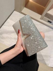 1入鑲金屬飾邊閃亮晚宴手提包，信封式設計，適用於舞會、婚禮、夜晚、正式場合、鏈式肩背包或手提包，為派對、婚禮、舞會、晚餐/宴會帶來完美的裝扮，搭配婚紗、正式服裝、晚禮服、生日裙、派對裙 - 銀色 - 查看 4