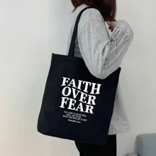1pc Large Capacity Canvas Bible Tote Bag, "Faith Over Fear" Letter Print Shoulder Bag, Women's Casual Handbag, Multifunctional Shopping Bag, Daily Gift - Black - View 1