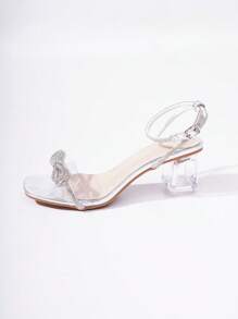 Fashionable And Sexy Bow Knot Transparent High Heeled Sandals With Rhinestones, Buckle Strap, Perfect For Party And Stage Performance Valentines - Silver - View 7