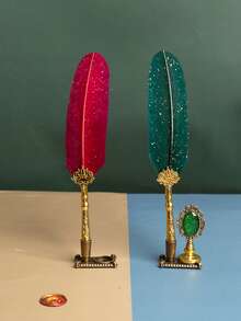 Vàng Cổ điển Lông vũ Bút nhúng Bộ Với Đúng mốt Tay cầm bằng gỗ Bút , Retro Giường đôi tiêu chuẩn Bút Bộ Như Quà sinh nhật Đối với Bạn gái ( Phong cách ) - xanh quân đội - Xem 5