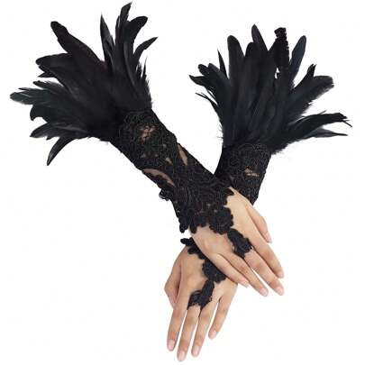 2 peças luvas de penas sem dedos de renda preta para mulheres, acessórios para fantasia de anjo de bruxa, asas de cisne, pulseiras, mangas compridas, algemas de pulso, fantasia feminina, acessório gótico para Halloween, acessórios para Halloween