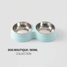不銹鋼寵物碗，防滑狗碗，防漏貓狗通用雙碗餵食托盤，貓食碗，貓餵食托盤 - 淺藍色 - 查看 3