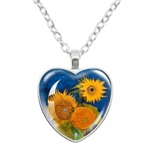 1 件时尚梵高艺术星夜向日葵项链玻璃画心形吊坠项链珠宝情人节 - 銀色 - 查看 14