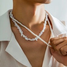 2pcs/Set Faux Pearl & White Crystal Beaded Men's Beach Style Necklace Suit, Unisex For Casual Daily Wear
