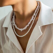 2pcs/Set Faux Pearl & White Crystal Beaded Men's Beach Style Necklace Suit, Unisex For Casual Daily Wear
