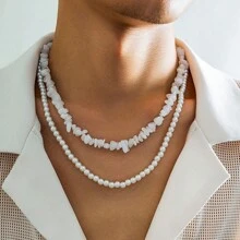 2pcs/Set Faux Pearl & White Crystal Beaded Men's Beach Style Necklace Suit, Unisex For Casual Daily Wear