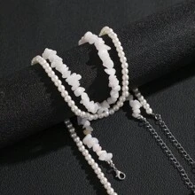 2pcs/Set Faux Pearl & White Crystal Beaded Men's Beach Style Necklace Suit, Unisex For Casual Daily Wear