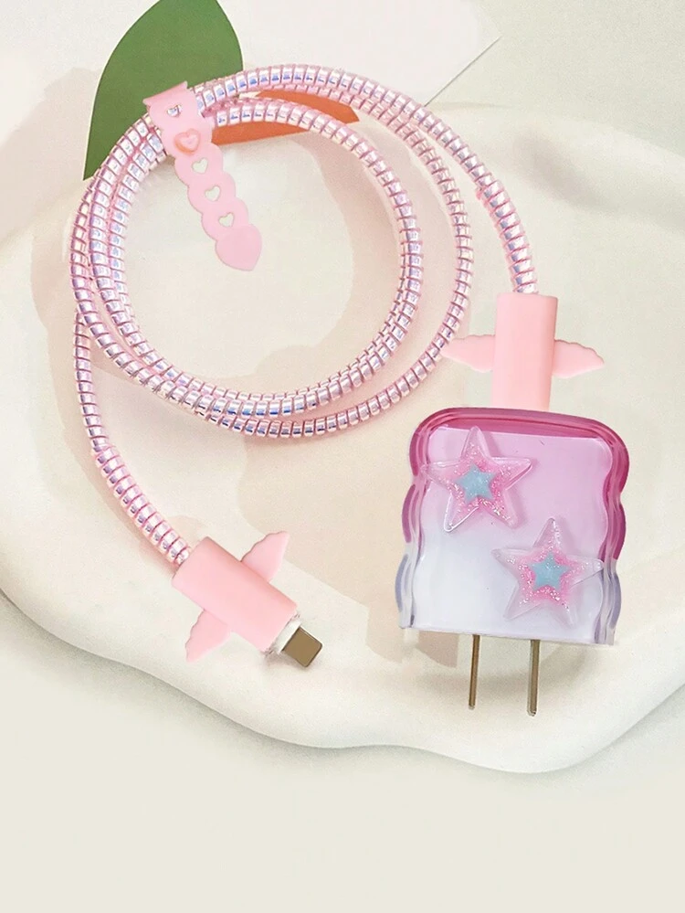 Carcasa de carga anticaída TPU con borde de onda rosa y estrellas 3D protectora irrompible para cable de datos, cobertura protectora para cabeza de carga compatible con cargador rápido Apple 18W/20W - Juego de 5 piezas - Rosa - Ver 6