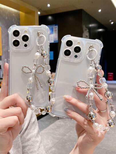 Highly Transparent Perforated Shockproof Space Case With Silver Butterfly Bead Pendant, Compatible With IPhone 17/17 Pro Max/17/17 Air/17 Pro/16/16 Pro/16 Pro Max/16 Plus/16e, A55/A54/A15, S24/S25/S25 Ultra/S24 Ultra/S23 Ultra/S25 Plus/S24 Plus