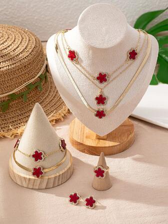 Conjunto de joyería elegante para mujer con estilo europeo y estadounidense, ideal para festividades, que incluye: 3 piezas Collar con colgante de flor de gota de aceite y decoración de rhinestones con cadena de serpiente multicapa, 2 piezas Pulsera con flor de gota de aceite y decoración de rhinestones, 1 pieza Anillo con flor de gota de aceite y decoración de rhinestones, 1 pieza de Pendientes colgantes con flor de gota de aceite y decoración de rhinestones. Un buen regalo para San Valentín, madres y Día de la Madre.