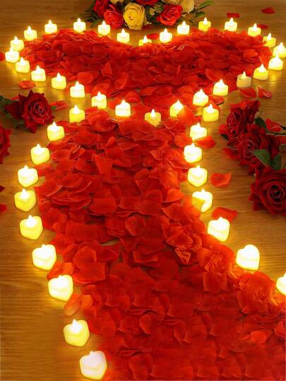 24/48 velas LED sin llama con forma de corazón, decoración del hogar para Ramadán, regalo de Eid Mubarak, decoración de Eid con 2000 pétalos de rosa artificiales, velas de té LED románticas, adecuadas para noches románticas, Día de San Valentín, aniversario, boda, fiesta en la mesa del comedor, suministros para la fiesta islámica de Ramadán