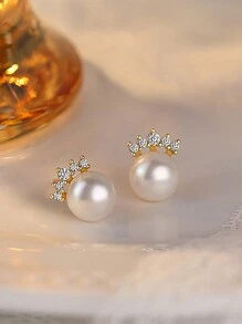 GAGAFEEL 1 Pair Elegant Exquisite S925 Sterling Silver Crown Freshwater Pearl Earrings Zirconia Earrings For Women Girl Party Dating Gift Daily Wear Birthday Gift - Gold - View 4