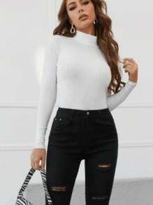 WOMEN'S LONG SLEEVE HIGH NECK SIMPLE BLOUSE - White - View 2
