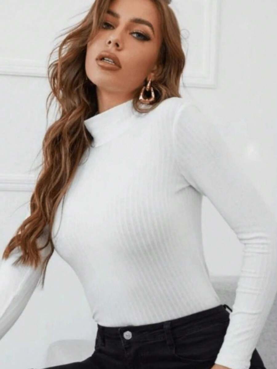 WOMEN'S LONG SLEEVE HIGH NECK SIMPLE BLOUSE - White - View 1