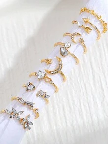 Set de 9 anillos de moda nuevos para niñas, que incluyen anillos con forma de corazón, mariposa, estrella y luna con diamantes de imitación - Dorado - Ver 4