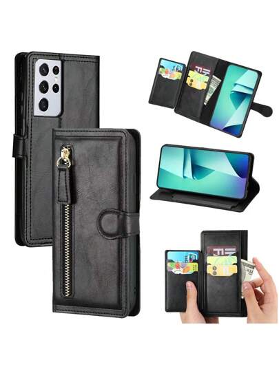 1 husă de telefon multifuncțională cu fermoar și cataramă retro, tip portofel, stil business, compatibilă cu 11 13 14 15 Pro Max, Galaxy S24 S24 Ultra, versiune internațională, nu versiunea națională