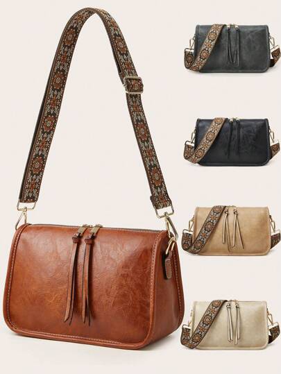 復古桶包，經典的斜跨包，配有復古幾何圖案肩帶，女士萬用包，圖形拉鍊斜跨包，時尚的寬帶肩背包，大容量日常錢包