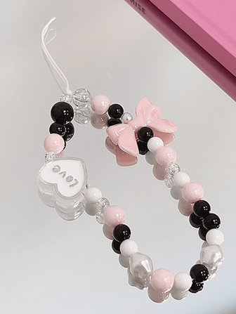 1 件甜美酷炫的粉色和黑色配色玻璃蝴蝶结和心形装饰手机链、钥匙扣、耳机线、活泼可爱的少女风格配饰、郁金香和人造珍珠和彩色珠子设计、俏皮可爱风格的极简手机壳挂绳、透明 3D 珠子设计、带挂绳和钥匙扣的简约纹理手链、即时相机带、女孩装饰、花卉和心形和泰迪熊和花卉珠子和透明珠子和长绳配饰、渐变设计笑脸和花卉绳配饰，简约个性风格，带手机壳挂钩、绳子和装饰链的极简主义配饰，适合母亲、家人、朋友、生日、节日的礼物