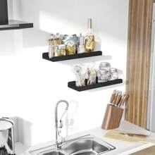 Estantes flotantes montados en pared, Set de 2, Estantes de pared de madera rústica para almacenamiento, Dormitorio, Sala de estar, Baño, Cocina, Oficina y talla grande, Decoración del hogar de otoño color negro carbonizado - Negro - Ver 2