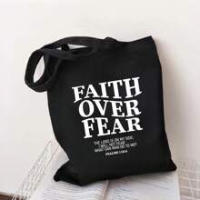 1pc Large Capacity Canvas Bible Tote Bag, "Faith Over Fear" Letter Print Shoulder Bag, Women's Casual Handbag, Multifunctional Shopping Bag, Daily Gift - Black - View 2