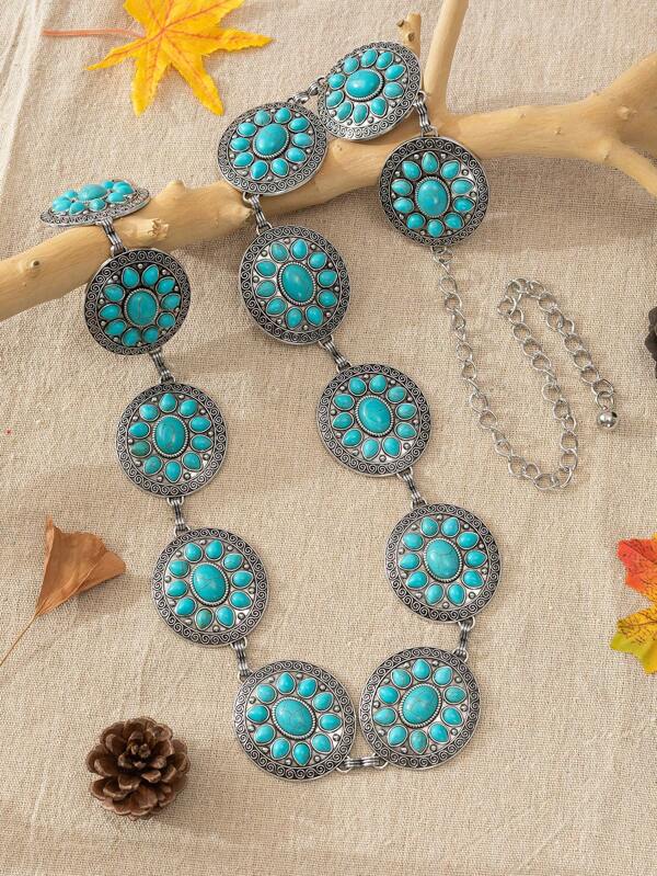 1pc Retro Bohemian Style Turquoise Body Chain Waist Chain Simple Design, Suitable For Women's Daily Wear