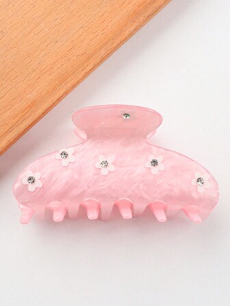 1個中碼粉色花卉圖案亞克力鑲嵌鑽石髮夾