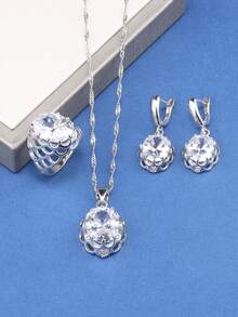 4 件裝新品 925 鍍銀 Aaa+ 品質方晶鋯石耳環項鍊吊墜戒指珠寶組適合女士婚禮派對禮物 - 白色 - 查看 5