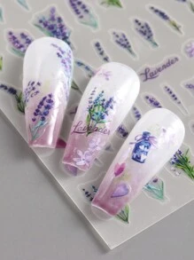 3入組紫色花朵美甲貼紙3d超薄花葉薰衣草指甲設計,春夏綻放的美甲藝術裝飾 - 彩色 - 查看 3