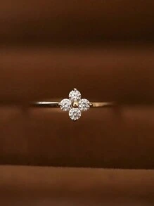 GAGAFEEL 1 Pc Delicate Elegant S925 Sterling Silver Flower Zirconia Ring Four-Leaf Clover Rings For Girl/Women/Girlfriend/Mother Retro Party Dating Gift Daily Wear Birthday Gift Valentines - Gold - View 3