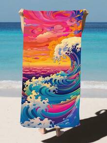 1入組波浪印花超細纖維海灘巾，多種尺寸沙灘毯防曬巾，輕便，適用於游泳、露營、運動場所或健身房 - 彩色 - 查看 1