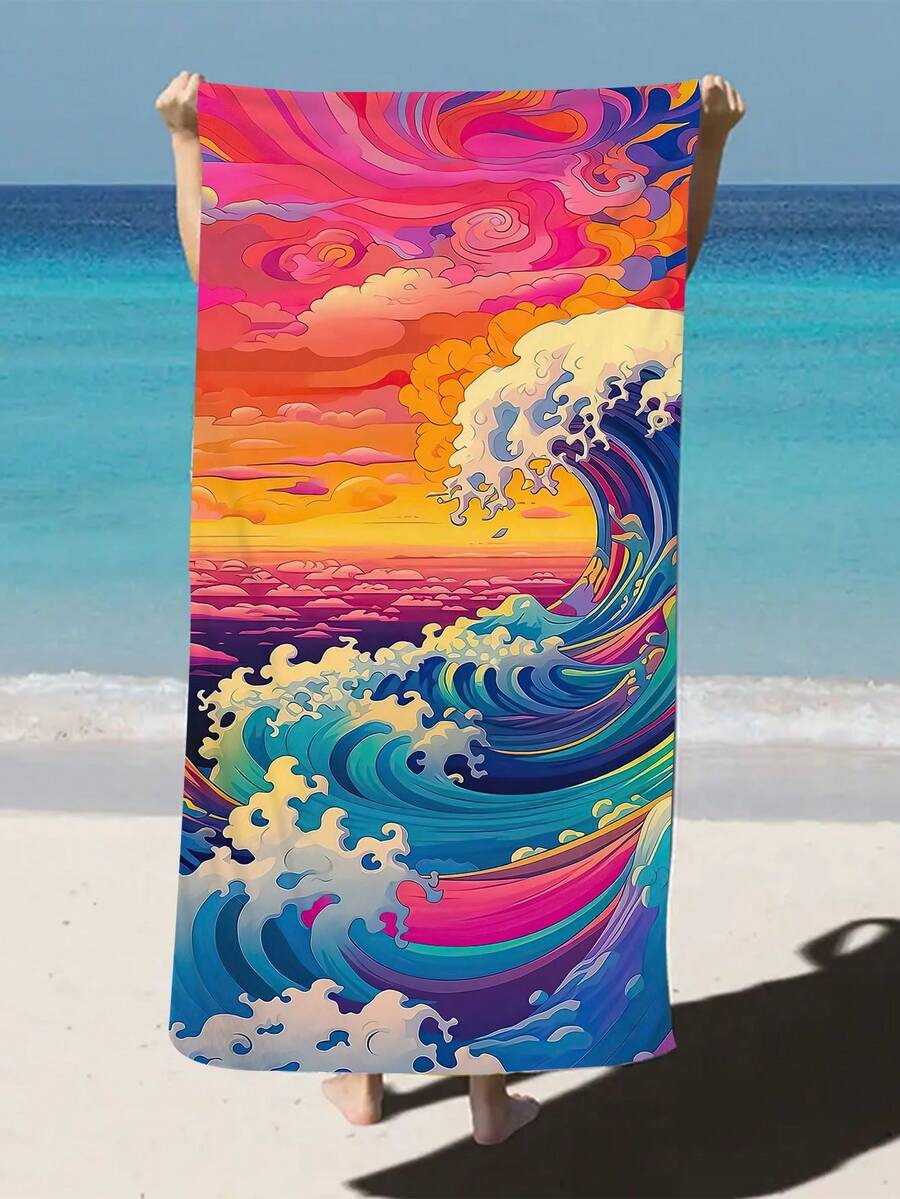 1入組波浪印花超細纖維海灘巾，多種尺寸沙灘毯防曬巾，輕便，適用於游泳、露營、運動場所或健身房 - 彩色 - 查看 1