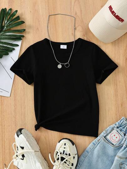 Kleine Mädchen Lässig einfarbiges Rundhals T-Shirt, geeignet für den täglichen Gebrauch, Frühling/Sommer