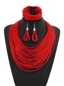 1套2個耳環、1條手鍊、1條項鍊，流行復古多層蠟線編織女士珠寶套裝，短款鎖骨鏈，完美搭配節日和海灘旅遊配件 - 蝴蝶型 - 查看 3