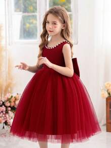 Váy công chúa dự tiệc Giáng sinh khoét sâu khoét lưng đính ngọc trai màu đỏ tía, thích hợp cho bé gái dự tiệc sinh nhật, tiệc chiêu đãi, dịp trang trọng, đám cưới, biểu diễn sân khấu - Màu Đỏ Sâu - Xem 6
