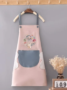 1 Pieza Mandil De Cocina A Prueba De Agua Con Patrón De Flores, Con Toalla De Mano De Coral Polar, Estilo Coreano - Rosa - Ver 1