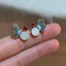 2 Piezas Estilo De Pintura Al Óleo Francés De Esmalte Con Diseño De Mariposa Y Flor De Pedrería Pendientes Para Mujeres, Uso Diario - estilo 1 - Ver 8