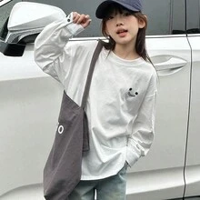 Tween Girl T-Shirt 长袖 2024 新款春秋时尚上衣，春季衬衫 - 白色 - 查看 2