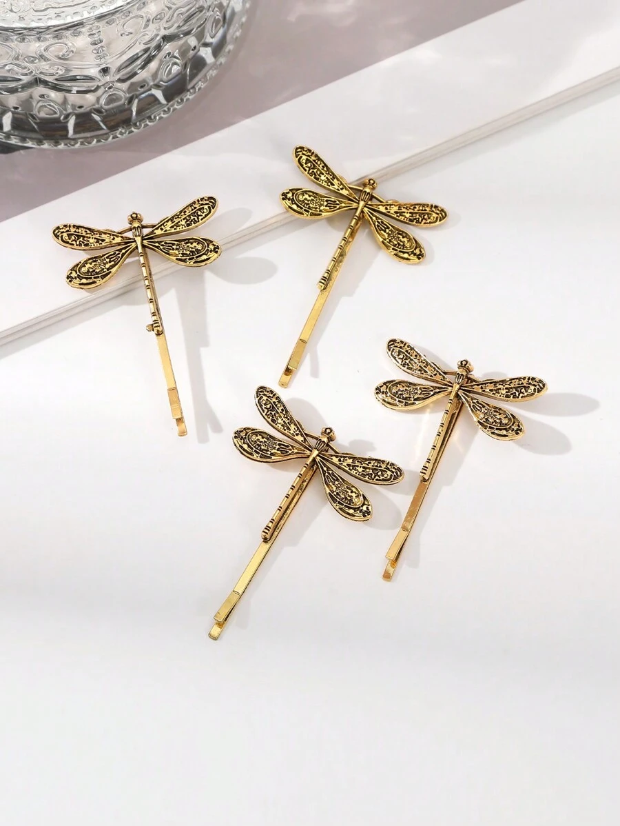 4pcs Y2k Millennium Style Alloy Dragonfly Shaped Hair Clips, Hairpins Claw Clips Hair Claws Hair Barrettes, School Stuff, Hair Accessories, Head Accessories - Gold - View 1