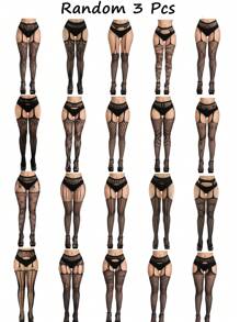 3 Piezas/set Mallas De Red De Pesca Negra Con Liguero Y Agujeros Para Mujeres Para Ropa Interior Sexy De Fiesta (excluyendo Las Bragas) - Negro - Ver 1